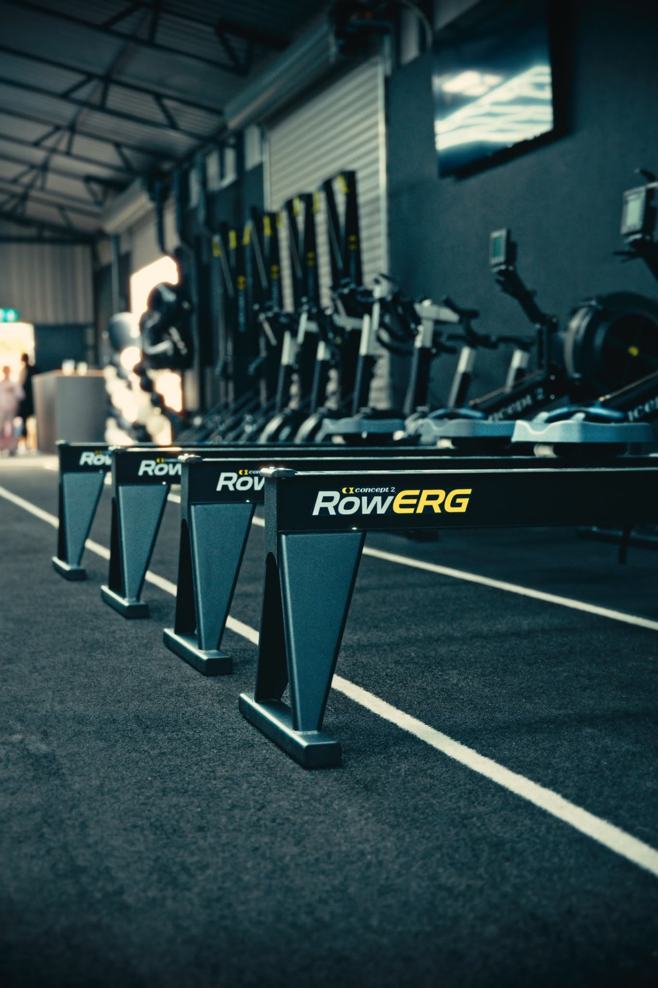Rowing machines on the RISE 22 gym floor