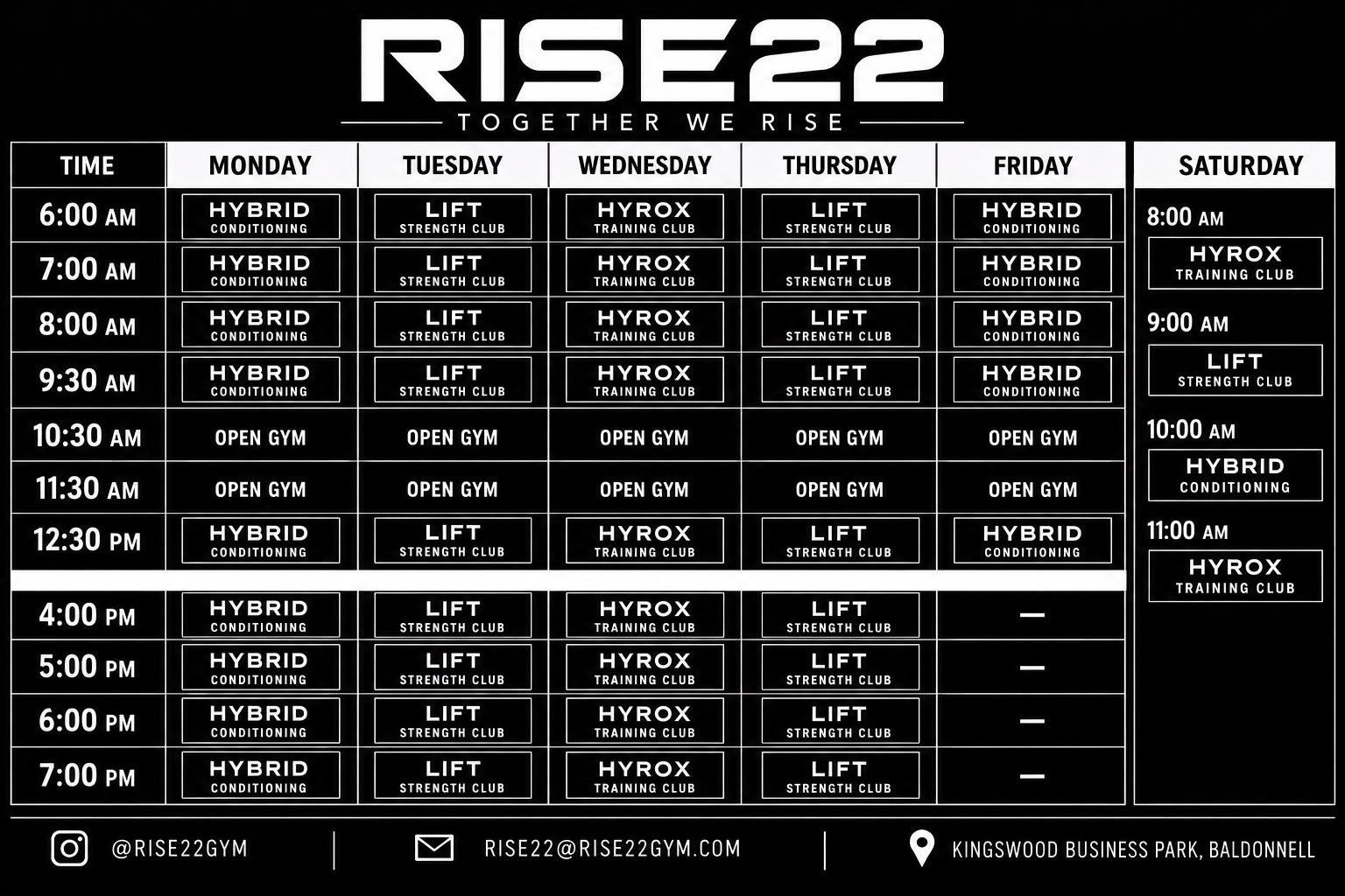Official RISE 22 weekly training timetable